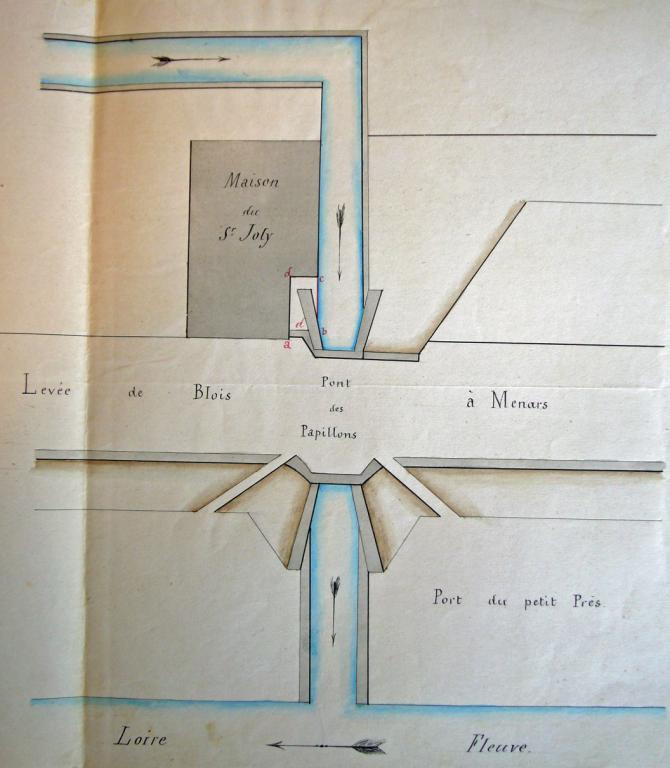 Plan du pont des Papillons et d'une partie du port du Petit Pré, 3 juin 1849, par l'ingénieur ordinaire. (archives départementales du Loir-et-Cher, 3 S 109).