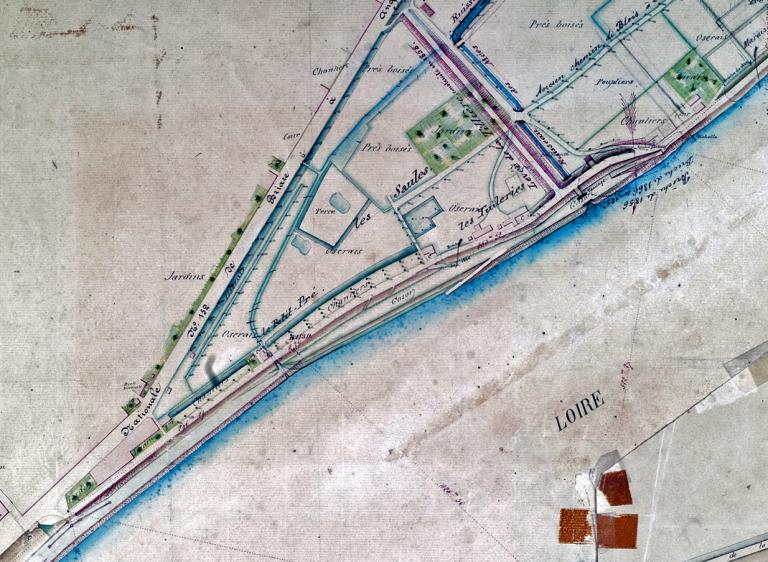 Carte de la Loire dans la traversée du Loir-et-Cher, non datée (vers 1850). Détail. (archives départementales du Loir-et-Cher, 116 Fi feuille 9). ; Carte de la Loire dans la traversée du Loir-et-Cher, non datée (vers 1850). Détail. (archives départementales du Loir-et-Cher, 116 Fi feuille 9).