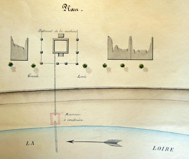 Plan du réservoir sur le chantier du Petit Pré, 18 octobre 1853 par l'ingénieur ordinaire. (archives départementales du Loir-et-Cher, 3 S 157).