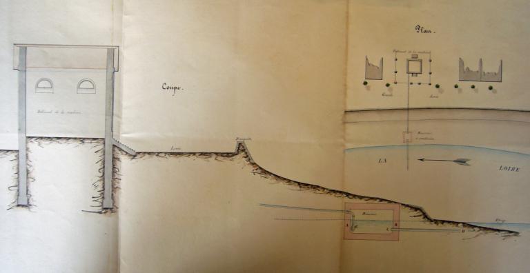 Coupe au niveau du réservoir sur le chantier du Petit Pré, 18 octobre 1853, par l'ingénieur ordinaire.. (archives départementales du Loir-et-Cher, 3 S 157).