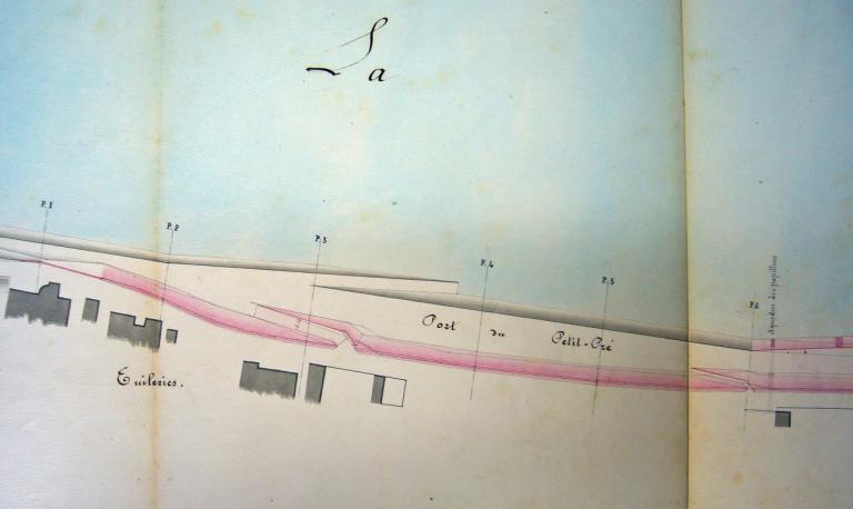 Défense de la ville de Blois contre les inondations de la Loire, 27 avril 1860, ingénieur ordinaire Jollois. Détail sur le port du Petit Pré. (archives départementales du Loir-et-Cher, 3 S 331). ; Défense de la ville de Blois contre les inondations de la Loire, 27 avril 1860, ingénieur ordinaire Jollois. Détail sur le port du Petit Pré. (archives départementales du Loir-et-Cher, 3 S 331).