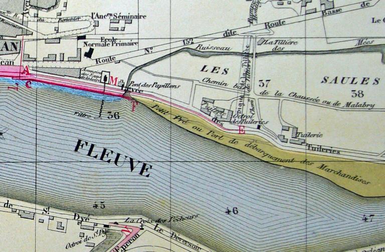 Plan général des travaux à exécuter pour la défense de la ville de Blois contre les inondations par l'ingénieur ordinaire Jollois, 17 février 1860. Détail sur le port du Petit Pré. (archives départementales du Loir-et-Cher, 3 S 113).
