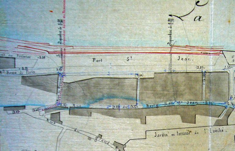 Défense de Blois, avant-projet des travaux à exécuter pour donner l'écoulement aux eaux d'égouts, de pluie et de filtrations, 26 février 1859, ingénieur ordinaire Jollois. Détail sur le port Saint-Jean. (archives départementales du Loir-et-Cher, 3 S 331).
