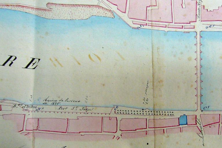 Plan du cours de la Loire à Blois, 15 décembre 1835, ingénieur ordinaire. Détail de la partie située en amont du pont Gabriel. (archives départementales du Loir-et-Cher, 3 S 331).