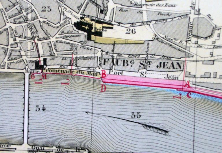 Plan général des travaux à exécuter pour la défense de la ville de Blois contre les inondations par l'ingénieur ordinaire Jollois, 17 février 1860. Détail sur le port Saint-Jean. (archives départementales du Loir-et-Cher, 3 S 113).