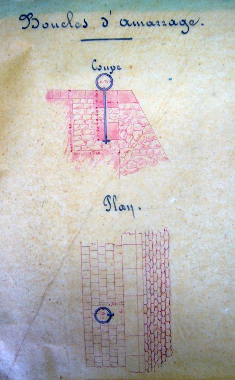 Défense de Blois contre les inondations pénétrant par le port Saint-Jean, 27 octobre 1847, ingénieur ordinaire Delaitre. Détail : boucles d'amarrage (plan et coupe). (archives départementales du Loir-et-Cher, 3 S 331).