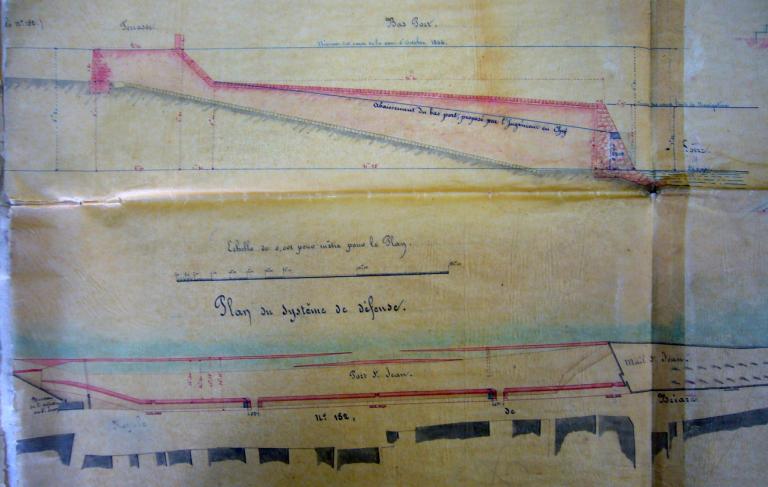 Défense de Blois contre les inondations pénétrant par le port Saint-Jean, 27 octobre 1847, ingénieur ordinaire Delaitre. Plan et profil. (archives départementales du Loir-et-Cher, 3 S 331).