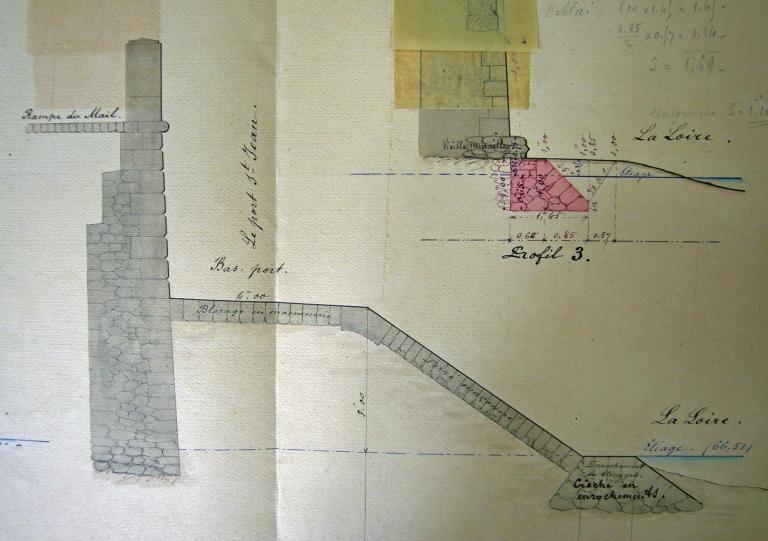 Réparation du mur de quai  dit du Mail, rive droite en amont du pont de Blois, 22 juin 1893, ingénieur ordinaire Humbert. Détail de la coupe. (archives départementales du Loir-et-Cher, 3 S 333).