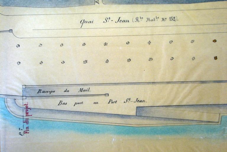 Réparation du mur de quai  dit du Mail, rive droite en amont du pont de Blois, 22 juin 1893, ingénieur ordinaire Humbert. Détail du plan. (archives départementales du Loir-et-Cher, 3 S 333). ; Réparation du mur de quai  dit du Mail, rive droite en amont du pont de Blois, 22 juin 1893, ingénieur ordinaire Humbert. Détail du plan. (archives départementales du Loir-et-Cher, 3 S 333).