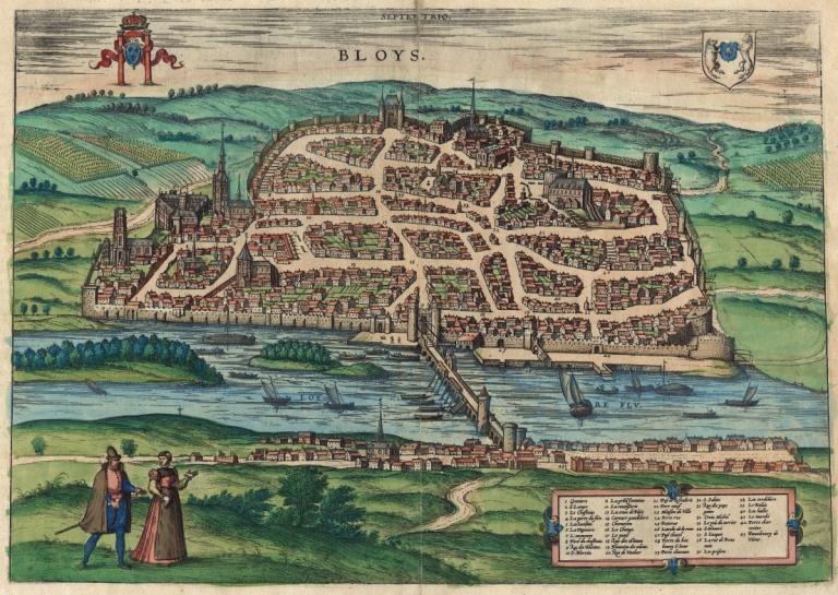 Vue cavalière de la ville de Blois vers 1575. (archives départementales du Loir-et-Cher, 33 Fi 518).