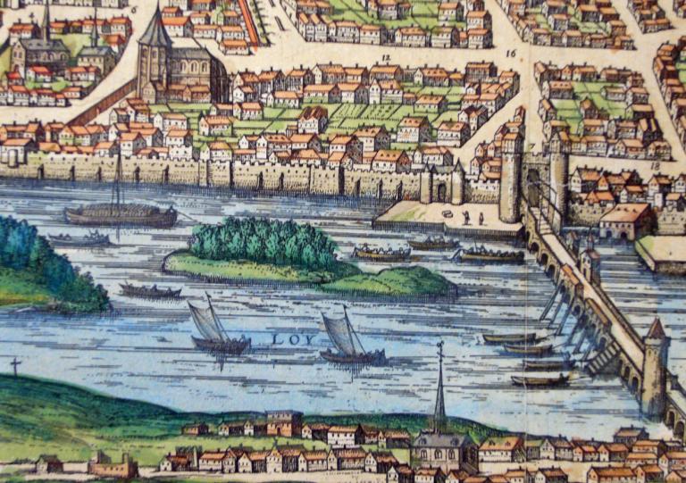 Vue cavalière de la ville de Blois vers 1575. Détail. (archives départementales du Loir-et-Cher, 33 Fi 518).