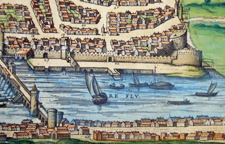 Vue cavalière de la ville de Blois, vers 1575 : le port Neuf. (archives départementales du Loir-et-Cher, 33 Fi 518).