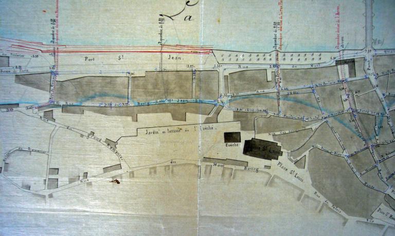 Défense de la ville de Blois contre les inondations : avant projet des travaux à exécuter pour donner l'écoulement des eaux d'égouts, de pluies et de filtrations, 26 février 1859, ingénieur ordinaire Jollois. Détail.