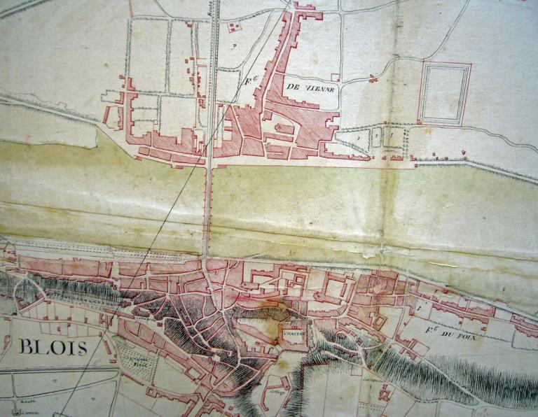 Plan de la Loire entre Suèvres et Blois au XVIIIe siècle, détail. (archives départementales du Loir-et-Cher, 1 Fi 275/2).