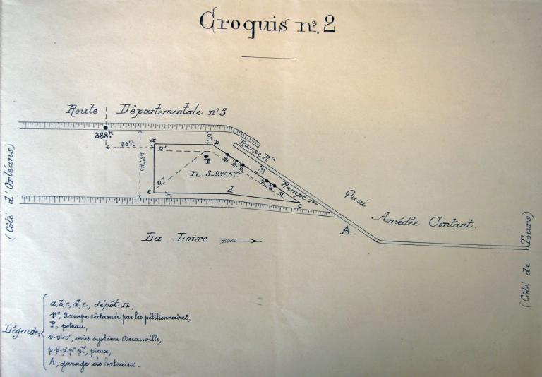 Plan de l'extrémité aval du port de la Creusille à Blois, 31 mai 1909, par le conducteur subdivisionnaire Aillard. Croquis illustrant le rapport daté du 4 juin 1909. (archives départementales du Loir-et-Cher, 3 S 156).