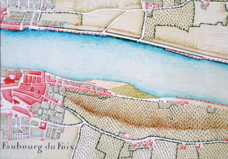 Extrait de l'Atlas de Trudaine (entre 1745 et 1780) : partie située en aval du pont. (archives nationales, CP F 14 bis 8493).