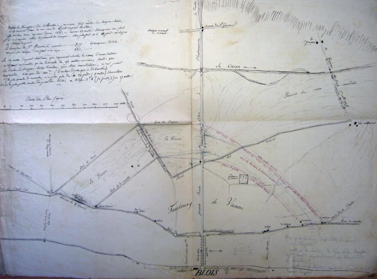 Plan du faubourg de Vienne à Blois, non daté (vers 1835). Ce plan est à mettre en relation avec un projet de 1835 concernant la lutte contre les inondations (projet d'un canal de dérivation). (archives départementales du Loir-et-Cher, 3 S 108).