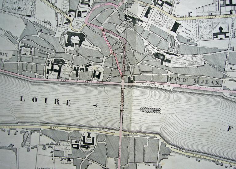 Plan de la ville de Blois dressé par le géomètre MJ Bressler, voyer de la ville, 1855, détail. (archives nationales, CP F 14 102 16/4, pièce 2).
