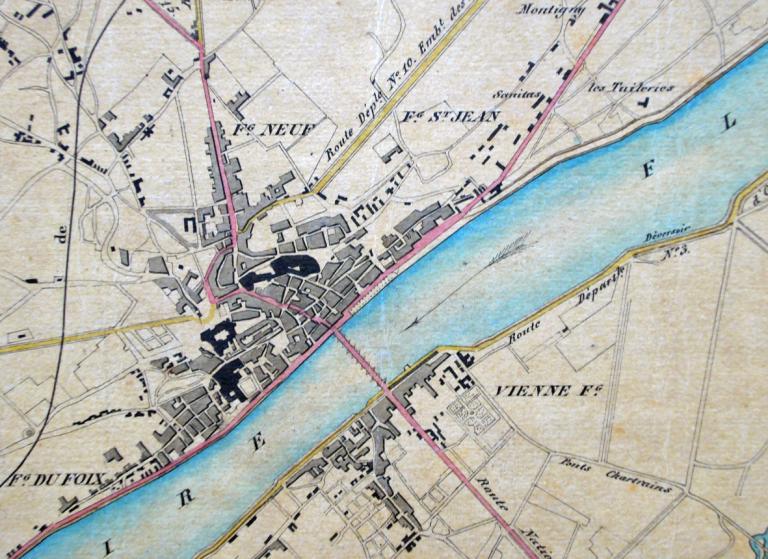 Détail du plan de la ville de Blois dressé par l'ingénieur en chef du département du Loir-et-Cher le 29 septembre 1849. Signé par Rabourdin (pour copie conforme). En rose, les grands axes routiers. (archives nationales, CP F 14 10216, dossier 4, pièce 1).