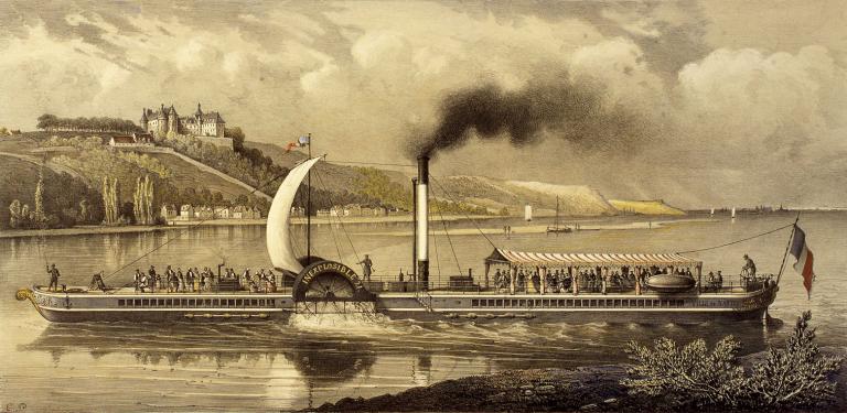 L'Inexplosible n° 21 devant Chaumont-sur-Loire, vers 1840, par Charles Pensée. (musée de la Batellerie, Conflans-Sainte-Honorine, Inv. N° 969/22/11).
