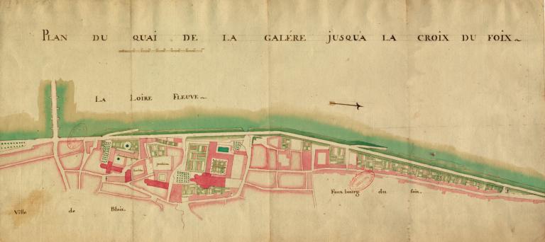 Plan du nouveau quai de la Galère jusqu'à la Croix du Foix, non daté (probablement d'après les travaux réalisés par Coluel ingénieur du roi, 1755). Au centre du plan, l'arche de la Galère. (archives départementales du Loir-et-Cher, Plan n° 225).