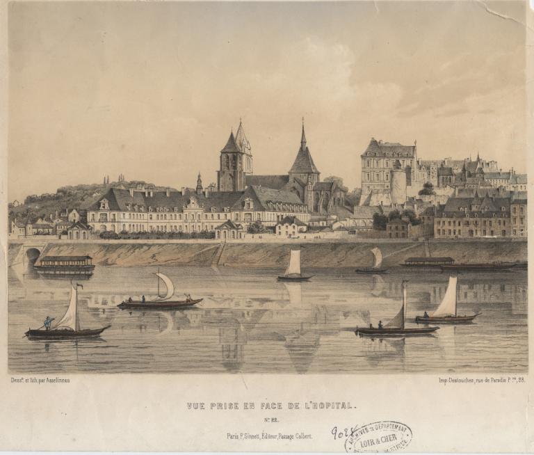 L'abbaye Saint-Laumer vue depuis la rive gauche, gravure non datée (seconde moitié du XIXe siècle). A gauche se trouve l'arche de la Galère. On aperçoit également deux petites cales piétonières orientées vers l'aval.