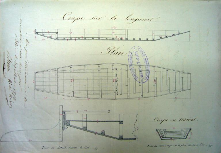Projet d'un passe-cheval destiné au service du passage d'eau de Saint-Dyé, 6 mars 1856. Ce bateau doit être construit par Riché-Bureau, marinier marchand de bateaux à Blois. (archives départementales du Loir-et-Cher, 3 S 172).