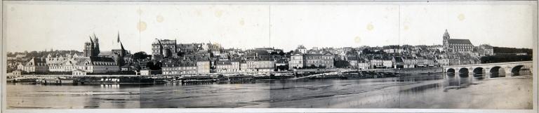 Vue panoramique du front de Loire à Blois (rive droite, en aval du pont), 1865. Photographie de Mieusement. (bibliothèque Abbé Grégoire, Blois, RLXA 528).
