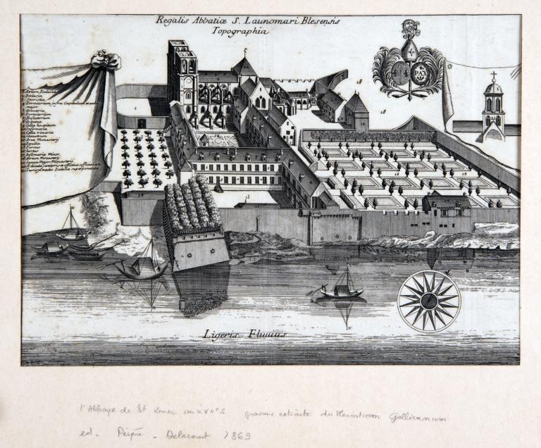 L'abbaye Saint-Laumer et la Loire au premier plan, XVIIe siècle.  A gauche, l'extrémité amont du quai de la Galère. (bibliothèque Abbé Grégoire, Blois, RLE 637).