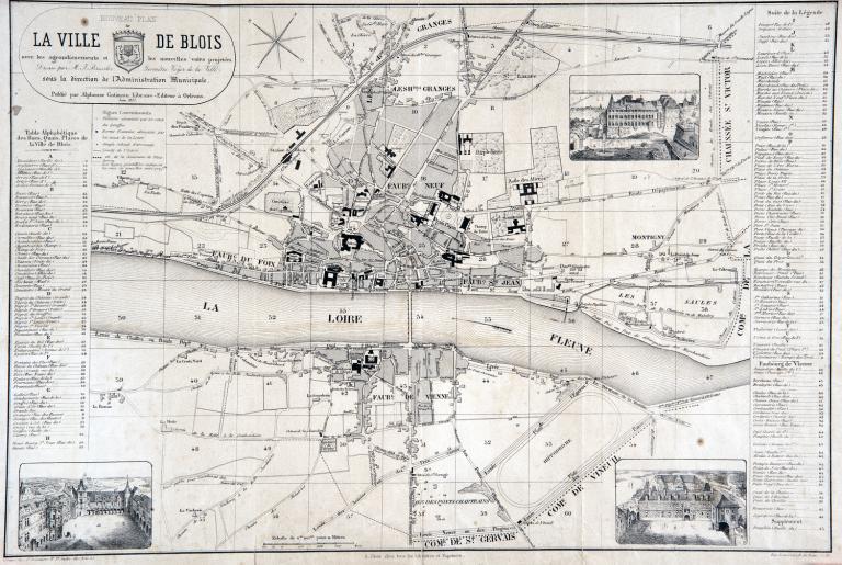 Nouveau plan de la ville de Blois avec les agrandissements et les nouvelles voies projetées par J. Bressler, géomètre voyer de la ville, publié en juin 1857 par Alphonse Gatineau. (bibliothèque Abbé Grégoire, Blois, RLV 351).