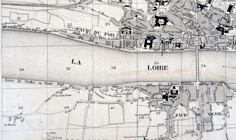 Nouveau plan de la ville de Blois avec les agrandissements et les nouvelles voies projetées par J. Bressler, géomètre voyer de la ville, publié en juin 1857 par Alphonse Gatineau. Détail sur la partie située en aval du pont.