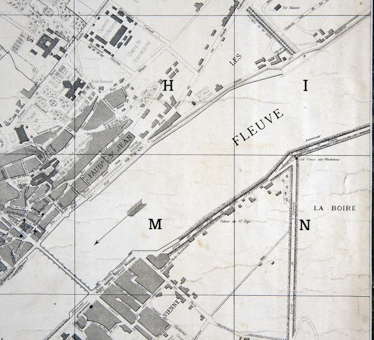 Plan de la ville de Blois dressé et dessiné par G. Desbarres, non daté (deuxième moitié du XIXe siècle) : détail sur la partie située en amont du pont Jacques Gabriel. (bibliothèque Abbé Grégoire, Blois, RLV 354).