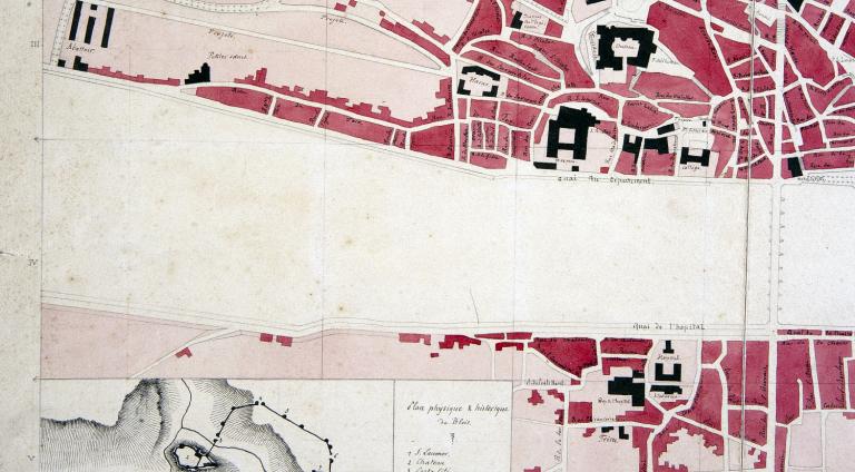 Plan de la ville de Blois avec indication de toutes les voies  projetées ou commencées, par A. Trouessart, 1864. Détail sur la partie située en aval du pont. (bibliothèque Abbé Grégoire, Blois, RLV 364).