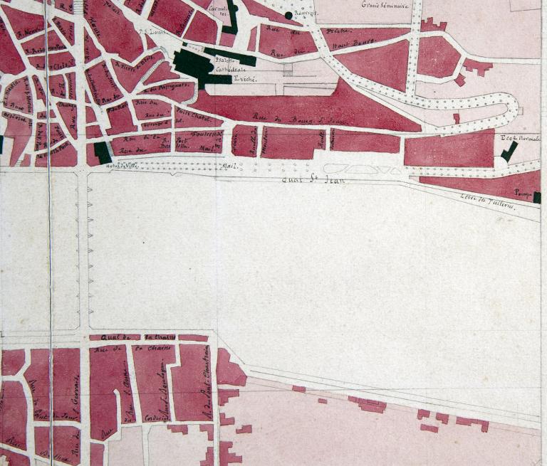 Plan de la ville de Blois dessiné par A. Trouessart, 1864. Détail sur la partie située en amont du pont Jacques Gabriel. (bibliothèque Abbé Grégoire, Blois, RLV 364).
