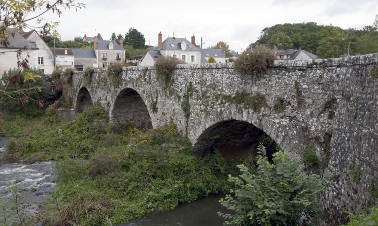L'ancien pont enjambant le Beuvron sur lequel sont fixés des anneaux et une échelle hydrométrique.