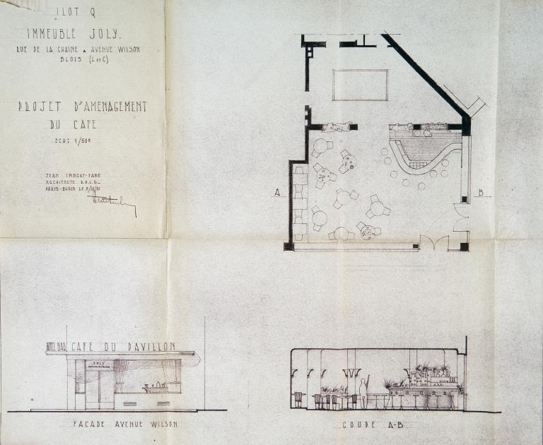 Projet d'aménagement du café du 1 rue de la Chaîne, 9-10-1951. (Archives départementales de Loir-et-Cher, Blois, 1195 W 44).