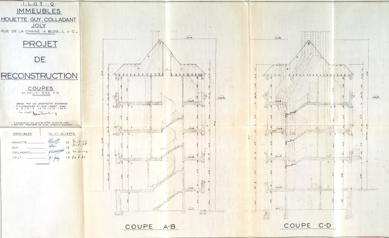 Projet d'immeubles, coupes, par P. Charbonnier et J. Imbert-Fabe, 15-06-1949. (Archives départementales de Loir-et-Cher, Blois, 1195 W 44).