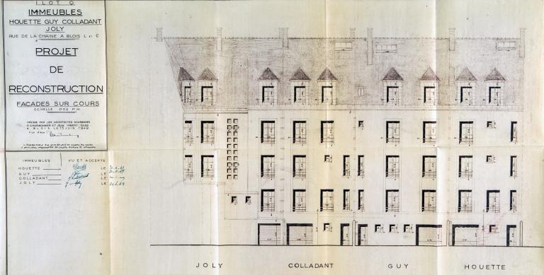 Projet d'immeubles, façades sur cour, par P. Charbonnier et J. Imbert-Fabe,15-06-1949. (Archives départementales de Loir-et-Cher, Blois, 1195 W 44).