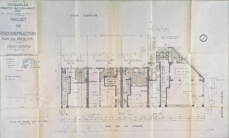 Projet d'immeubles, plan du rez-de-chaussée, par P. Charbonnier et J. Imbert-Fabe, 15-06-1949. (Archives départementales de Loir-et-Cher, Blois, 1195 W 44).