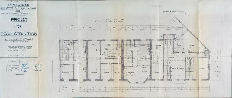 Projet d'immeubles, plan du premier étage, par P. Charbonnier et J. Imbert-Fabe, 15-06-1949. (Archives départementales de Loir-et-Cher, Blois, 1195 W 44).