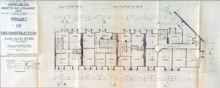 Projet d'immeubles, plan du troisième étage, par P. Charbonnier et J. Imbert-Fabe, 15-06-1949. (Archives départementales de Loir-et-Cher, Blois, 1195 W 44).