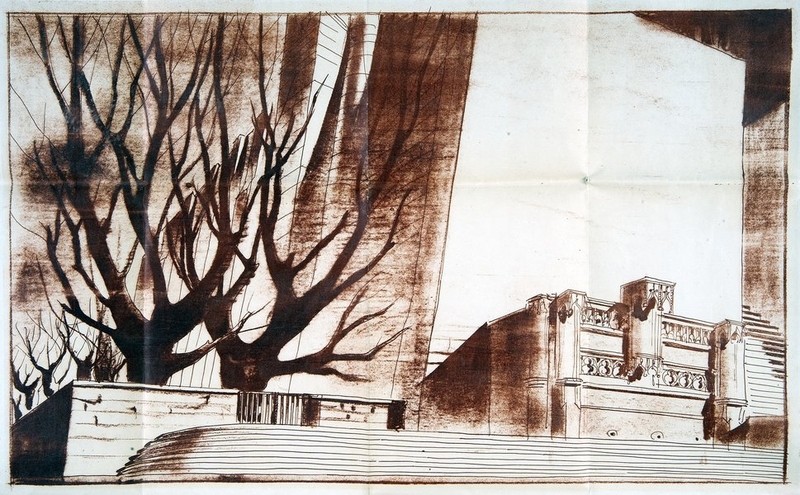 Etude spéciale d'architecture par André Aubert : vue sur la fontaine déplacée en bas des grands degrés du Château, 1943. (Archives départementales de Loir-et-Cher, Blois, 1195 W 44).