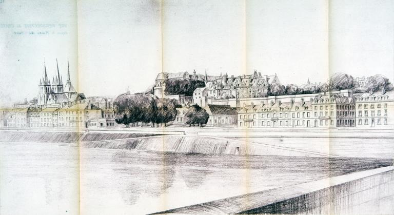 Dossier administratif du projet de Charles Nicod, mars 1942, annexe 10.- Vue perspective du château depuis le milieu du pont montrant le dégagement de la façade Louis XII.