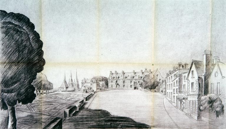 Dossier administratif du projet de Charles Nicod, mars 1942, annexe 11.- Vue perspective du château depuis le fond de la place. Cette vue figure les hôtels d'Amboise et d'Epernon reconstruits. (Archives départementales de Loir-et-Cher, Blois, 1588 W 14). ; Dossier administratif du projet de Charles Nicod, mars 1942, annexe 11.- Vue perspective du château depuis le fond de la place.