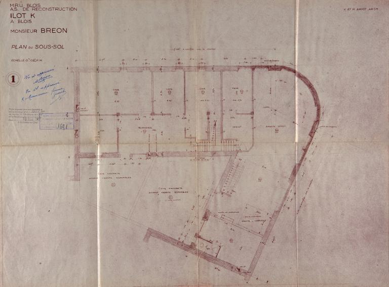 Plan du sous-sol, par Victor et Maurice Amiot, 1951. (Archives départementales de Loir-et-Cher, Blois, 1195 W 43).