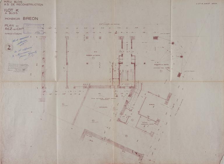 Plan du rez-de-chaussée, par Victor et Maurice Amiot, 1951. (Archives départementales de Loir-et-Cher, Blois, 1195 W 43).