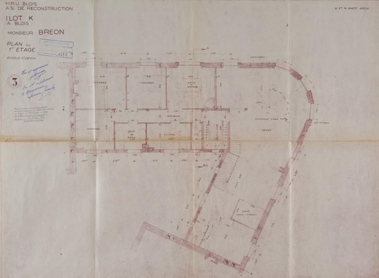 Plan du premier étage, par Victor et Maurice Amiot, 1951. (Archives départementales de Loir-et-Cher, Blois, 1195 W 43).