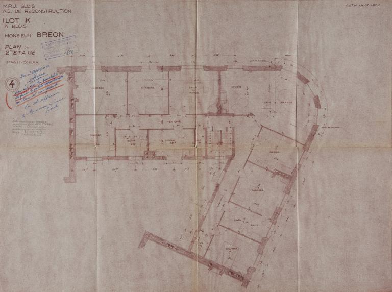 Plan du deuxième étage, par Victor et Maurice Amiot, 1951. (Archives départementales de Loir-et-Cher, Blois, 1195 W 43).