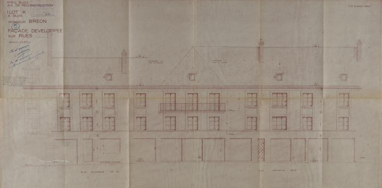 Façade développée sur rue, par Victor et Maurice Amiot, 1951. (Archives départementales de Loir-et-Cher, Blois, 1195 W 43).