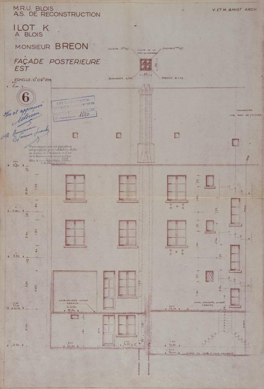 Façade sur cour est, par Victor et Maurice Amiot, 1951. (Archives départementales de Loir-et-Cher, Blois, 1195 W 43).